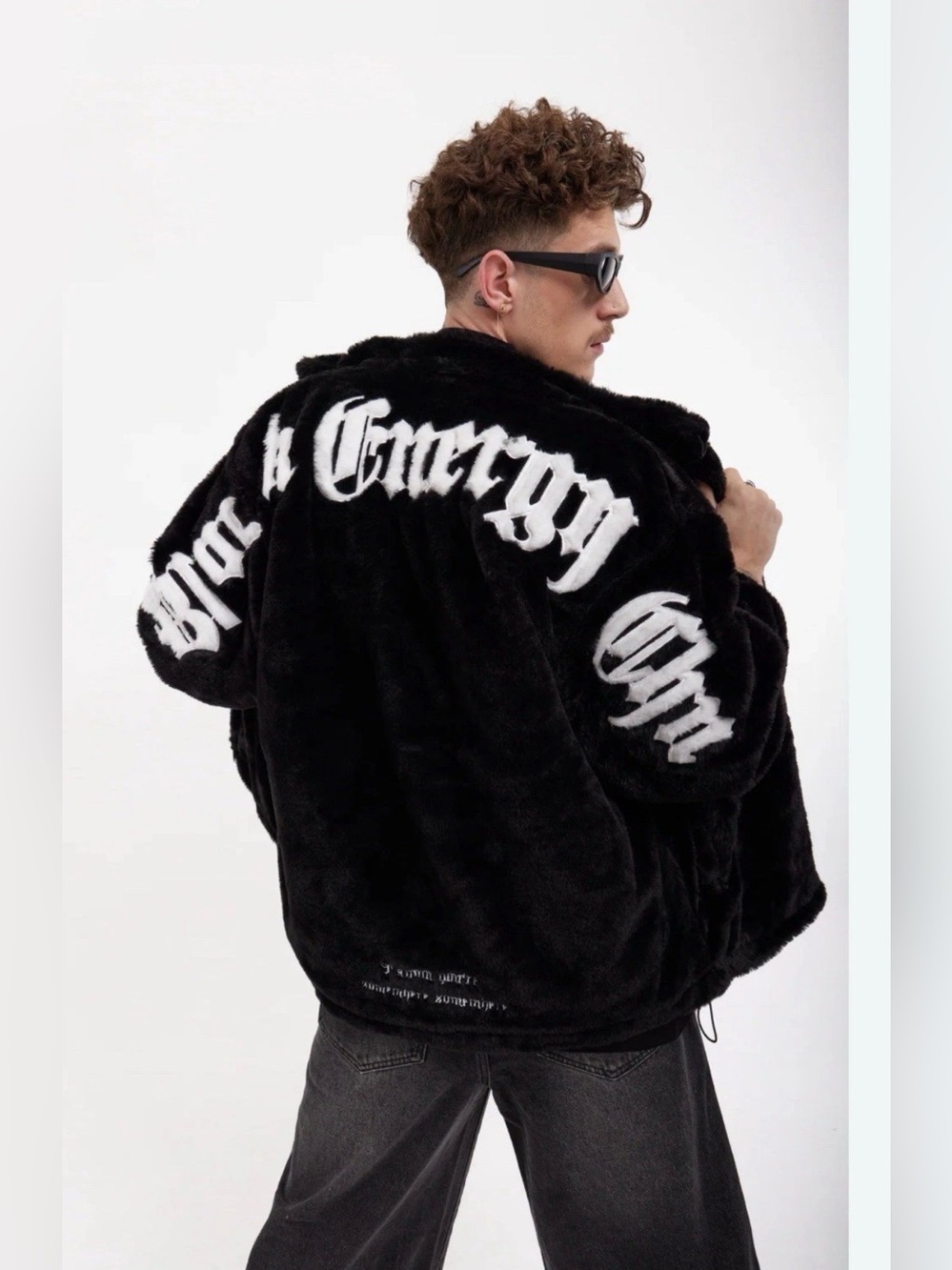 Supermade Street Letter Energy Embroidered Plush Fleece Bomber Jacket Size Large